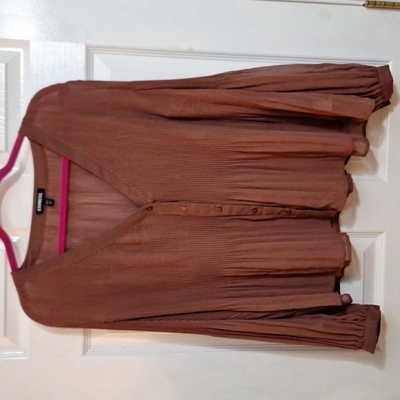 Express Pleated Dress Shirt Sz.L Brown Sheer Vneck Ballon Sleeves - Picture 1 of 14